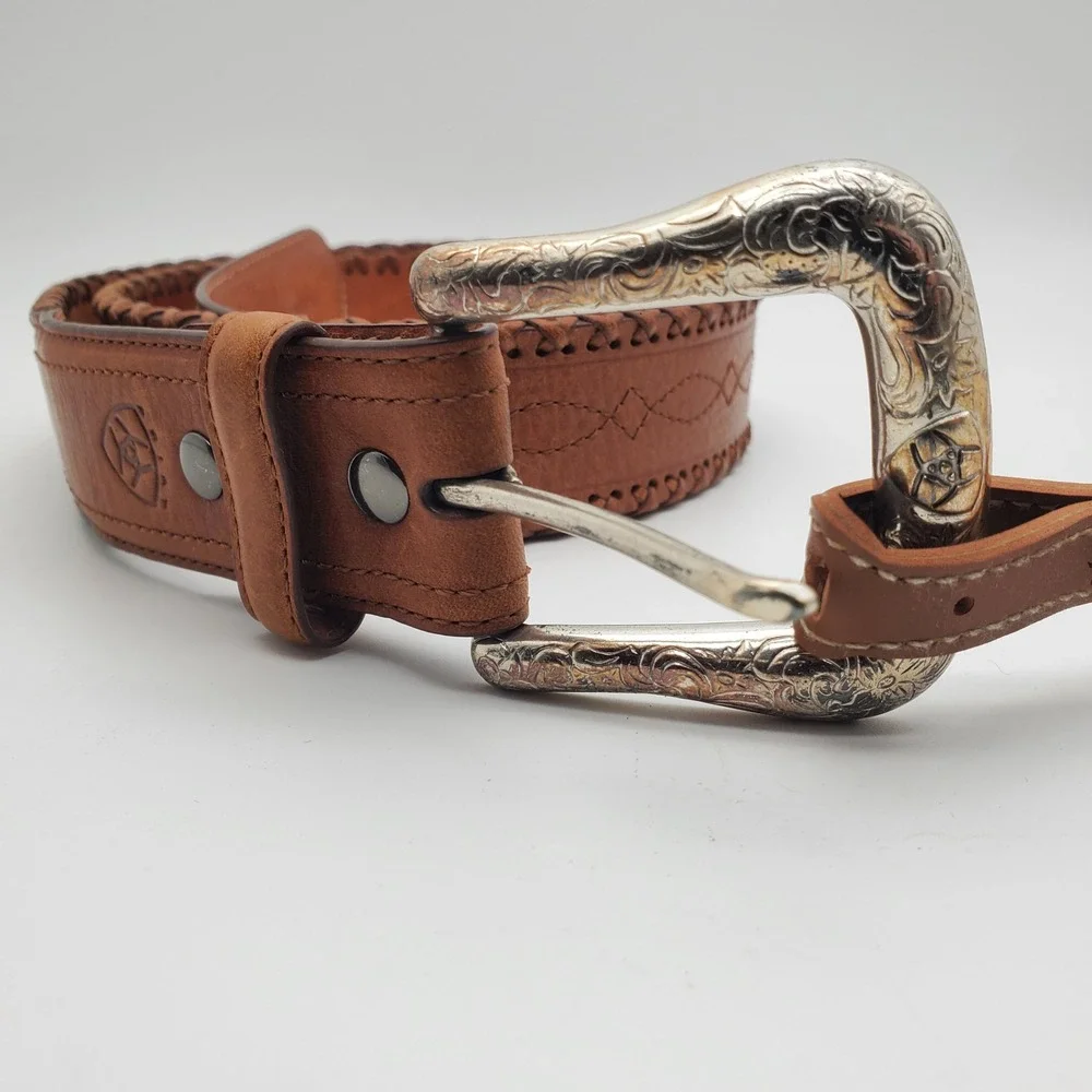 Ariat Brown Leather Belt 42 Western Silver Tone Buckle Whip Stitch Baxter Black